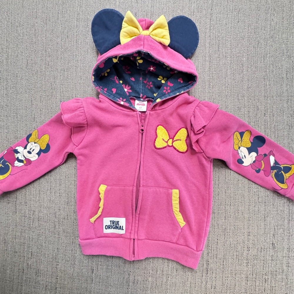 Disney Junior Minnie Mouse Pink Zip Up Hoodie 3D Ears Bow Ruffle Girls 5T